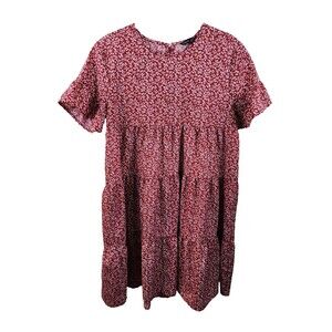 Shein Womens S Red White Floral Short Sleeve Round Neck Tiered Knee Length Dress
